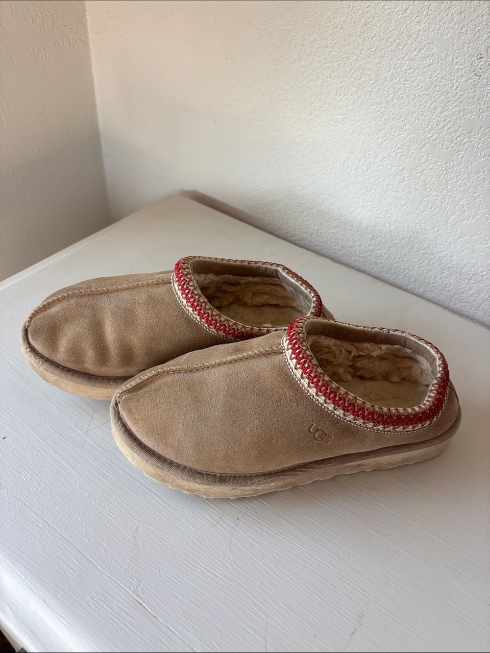 UGG Chestnut Suede Slip-On Shearling Slippers with Red Trim
